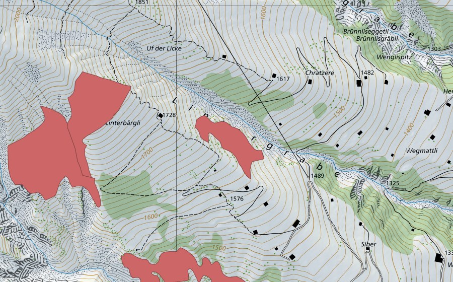 Landeskarte swisstopo mit dem Schutzperimeter von Linterbärgli (Trockenwiese)