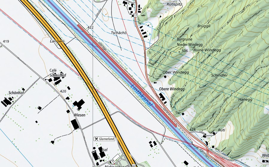 swisstopo national map showing the protected perimeter of Linthdamm (Dry meadow)