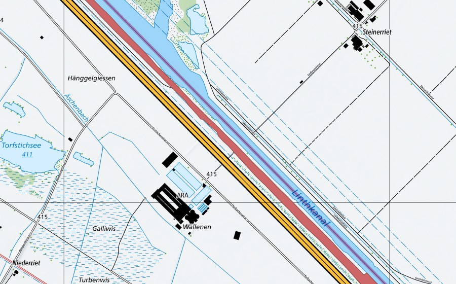 Carte nationale swisstopo avec le périmètre protégé de Linthkanal (Prairie sèche)