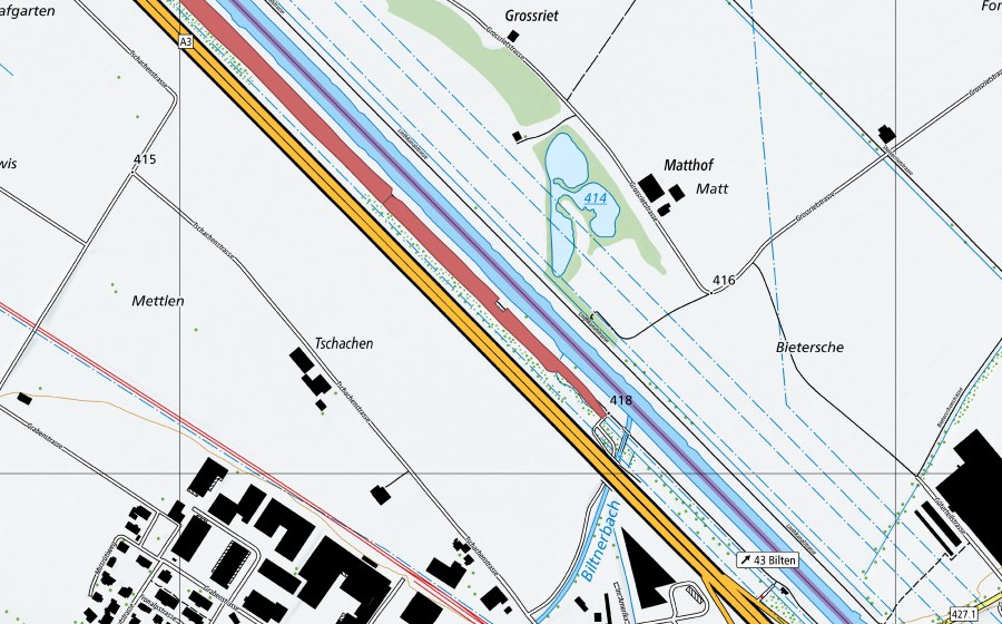 Carte nationale swisstopo avec le périmètre protégé de Linthkanal (Prairie sèche)