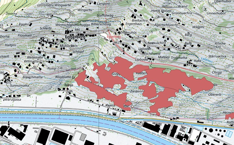 swisstopo national map showing the protected perimeter of Lipbode (Dry meadow)