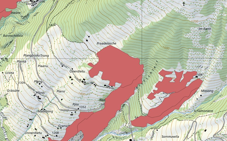 Landeskarte swisstopo mit dem Schutzperimeter von Lirschigrabu (Trockenwiese)