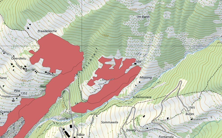 swisstopo national map showing the protected perimeter of Lirschigrabu (Dry meadow)
