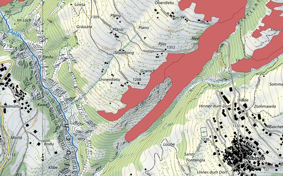 Landeskarte swisstopo mit dem Schutzperimeter von Lirschigrabu (Trockenwiese)