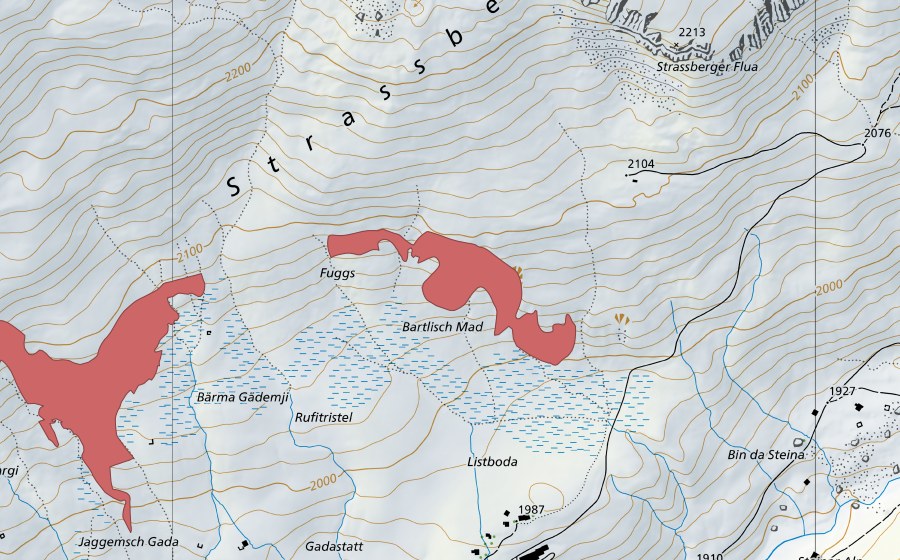swisstopo national map showing the protected perimeter of Listboden (Dry meadow)
