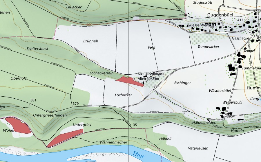swisstopo national map showing the protected perimeter of Lochacker (Dry meadow)