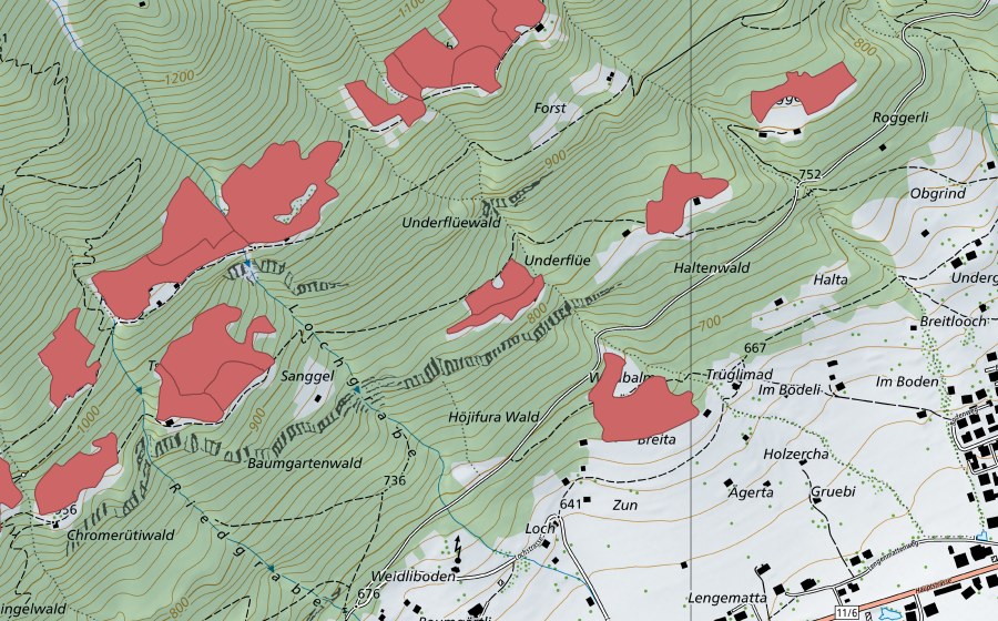 Landeskarte swisstopo mit dem Schutzperimeter von Lochgrabe (Trockenwiese)