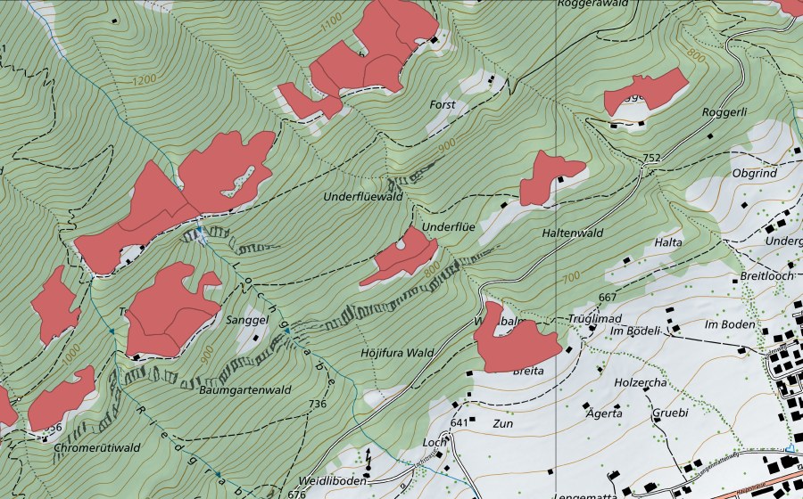 Carte nationale swisstopo avec le périmètre protégé de Lochgrabe (Prairie sèche)