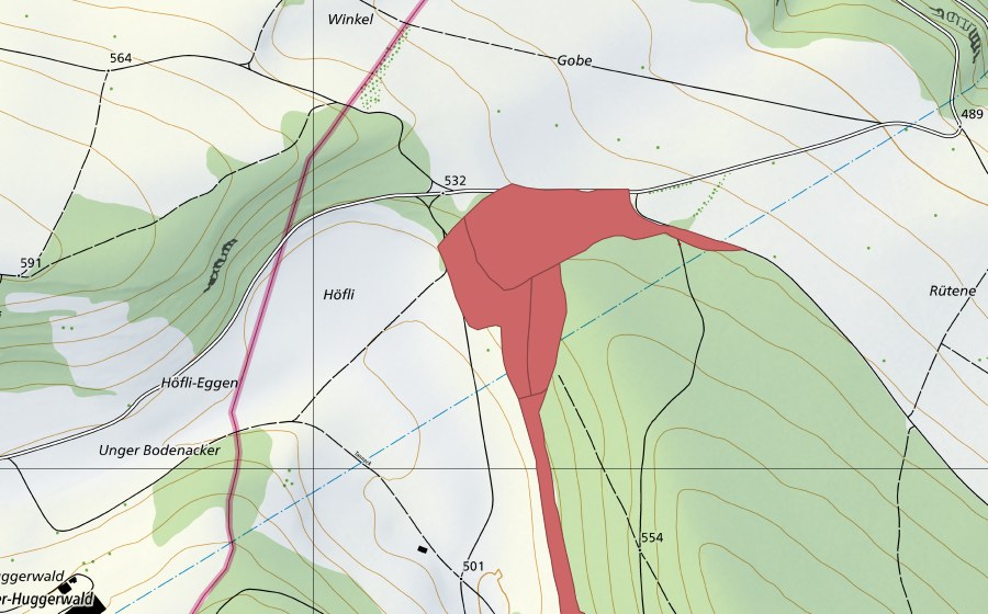 Carte nationale swisstopo avec le périmètre protégé de Löli (Prairie sèche)