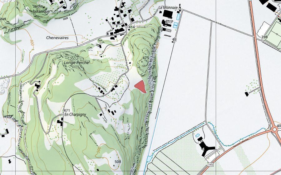 swisstopo national map showing the protected perimeter of Longe Perche (Dry meadow)