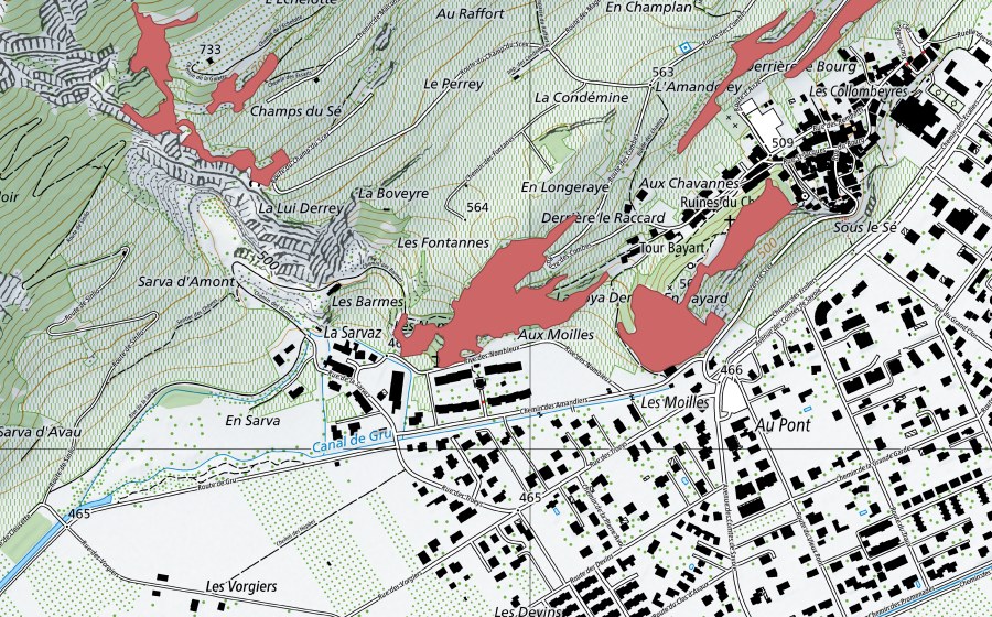 Carte nationale swisstopo avec le périmètre protégé de Longeraie (Prairie sèche)