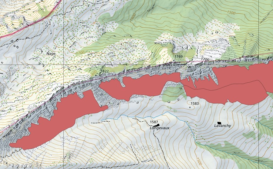 swisstopo national map showing the protected perimeter of Longevaux (Dry meadow)