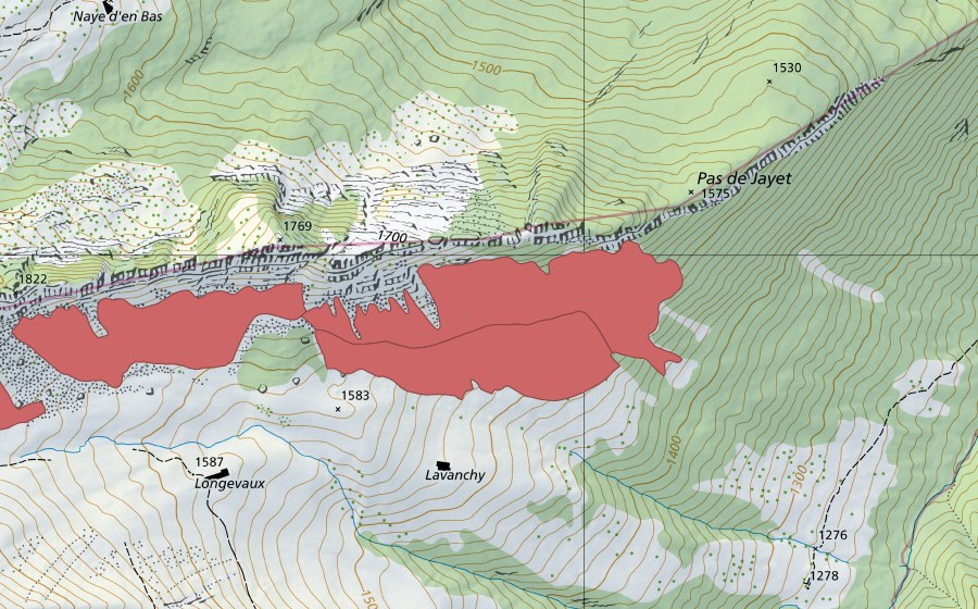 Landeskarte swisstopo mit dem Schutzperimeter von Longevaux (Trockenwiese)