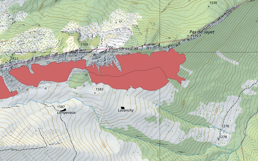 Landeskarte swisstopo mit dem Schutzperimeter von Longevaux (Trockenwiese)