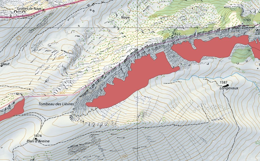 Landeskarte swisstopo mit dem Schutzperimeter von Longevaux (Trockenwiese)