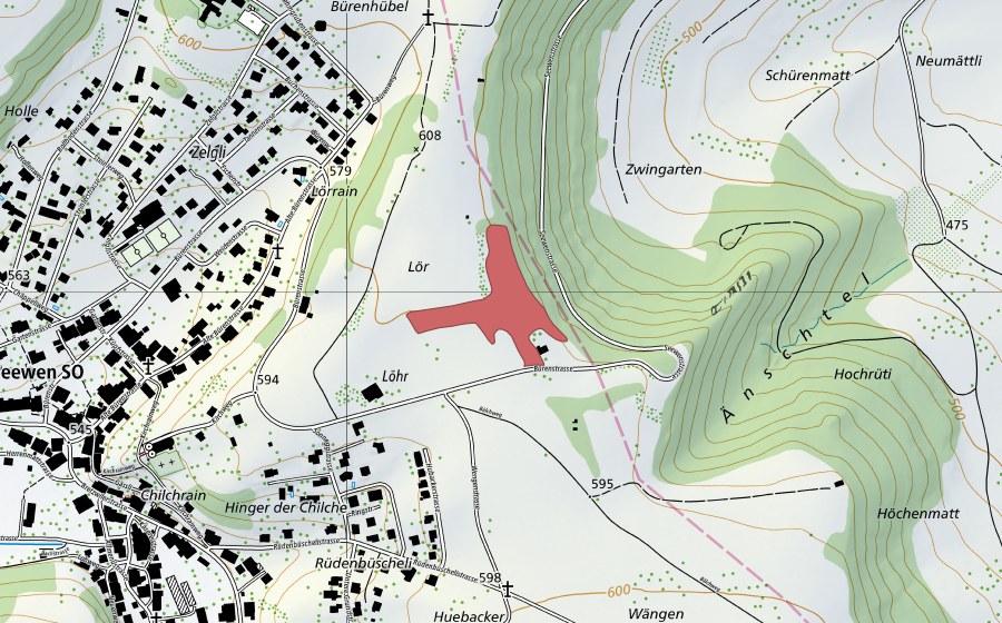 Carte nationale swisstopo avec le périmètre protégé de Lör (Prairie sèche)