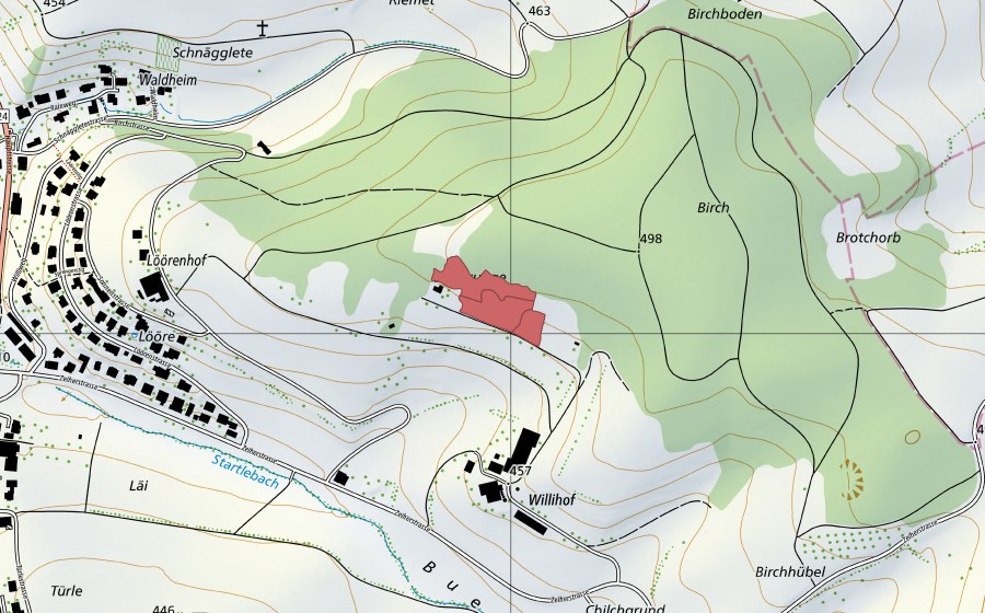 Carte nationale swisstopo avec le périmètre protégé de Lören (Prairie sèche)