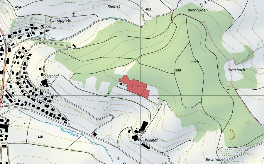 Carte nationale swisstopo avec le périmètre protégé de Lören (Prairie sèche)