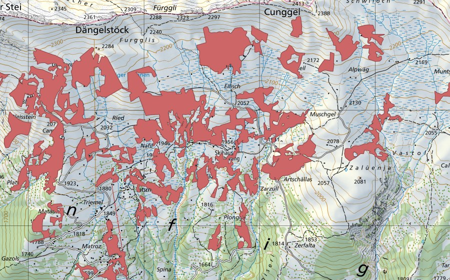 Carte nationale swisstopo avec le périmètre protégé de Los (Prairie sèche)