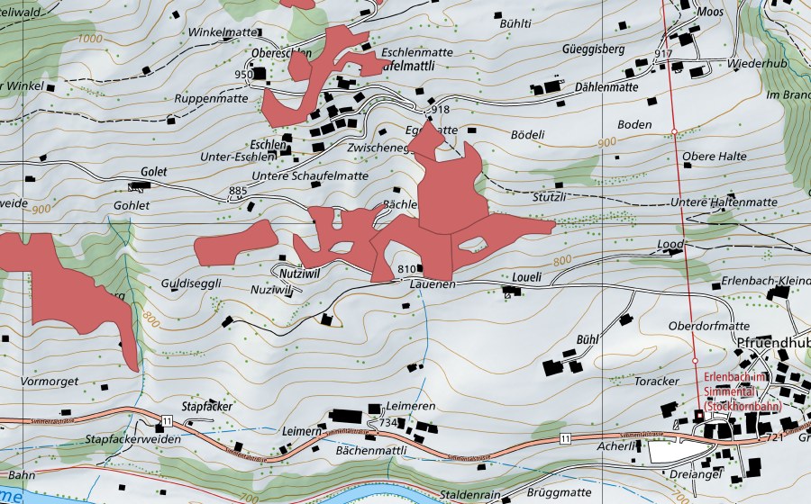 Landeskarte swisstopo mit dem Schutzperimeter von Loueli (Trockenwiese)