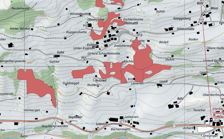 Landeskarte swisstopo mit dem Schutzperimeter von Loueli (Trockenwiese)