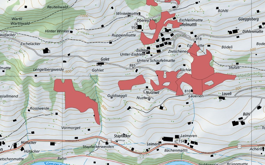 Carte nationale swisstopo avec le périmètre protégé de Loueli (Prairie sèche)