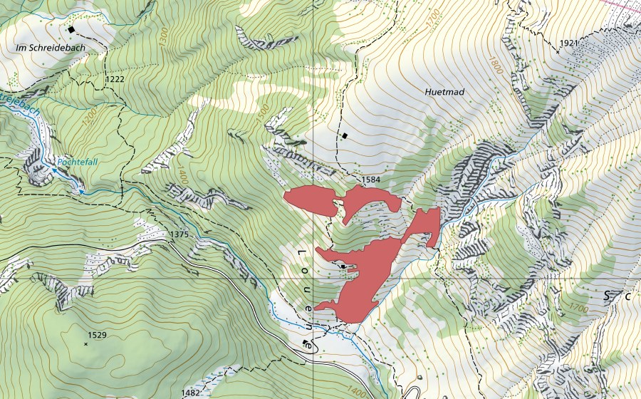 Carte nationale swisstopo avec le périmètre protégé de Louene (Prairie sèche)