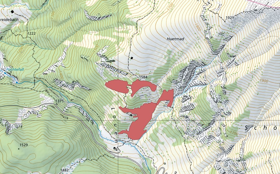 Carte nationale swisstopo avec le périmètre protégé de Louene (Prairie sèche)