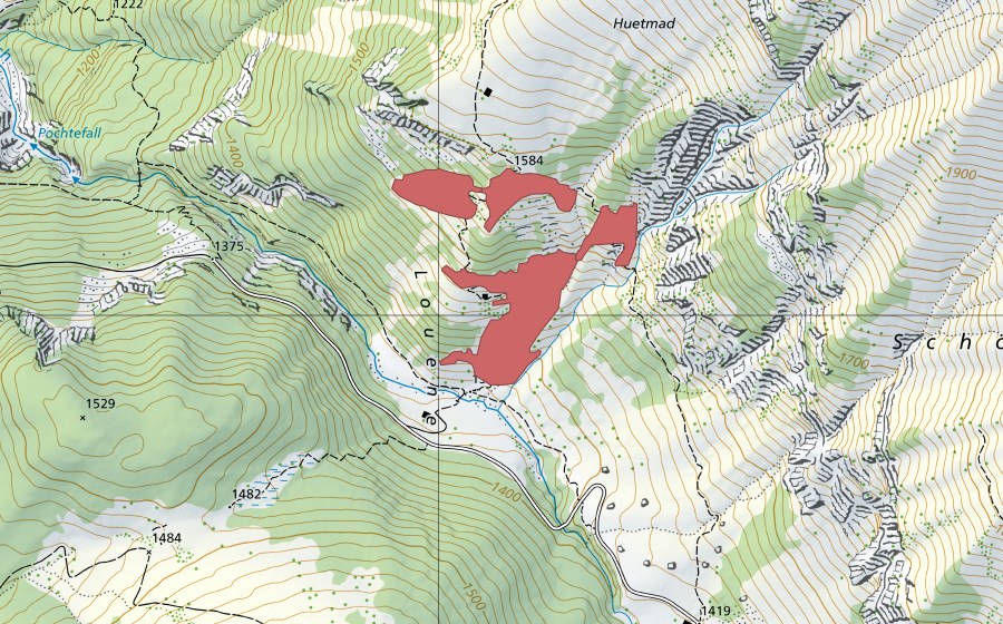 swisstopo national map showing the protected perimeter of Louene (Dry meadow)