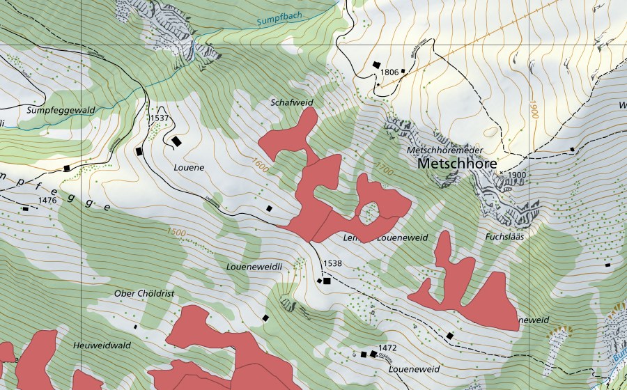 Carte nationale swisstopo avec le périmètre protégé de Loueneweidli (Prairie sèche)