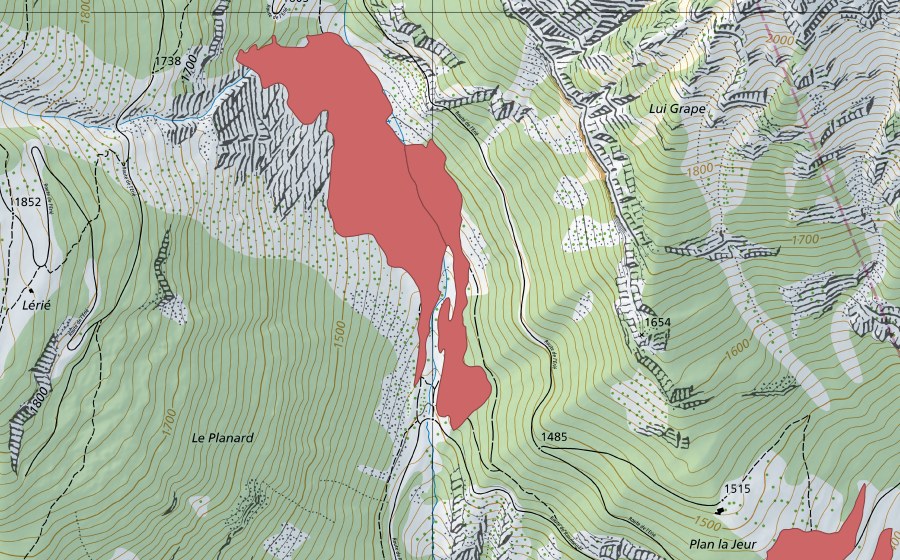 Carte nationale swisstopo avec le périmètre protégé de Lousine (Prairie sèche)