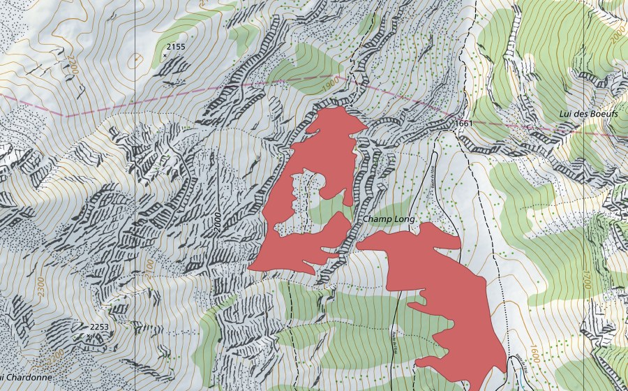 Carte nationale swisstopo avec le périmètre protégé de Lousine (Prairie sèche)