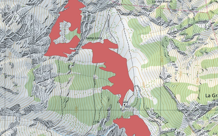 Carte nationale swisstopo avec le périmètre protégé de Lousine (Prairie sèche)