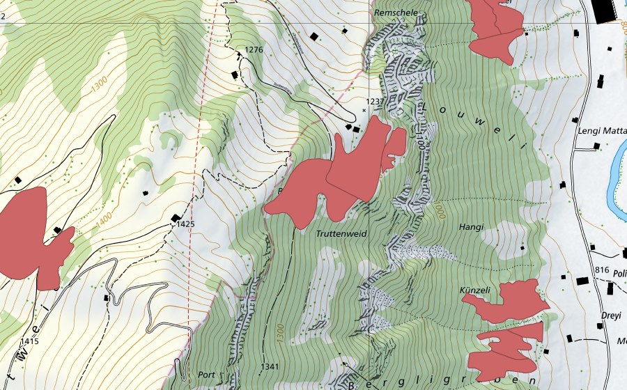 Carte nationale swisstopo avec le périmètre protégé de Louweli (Prairie sèche)