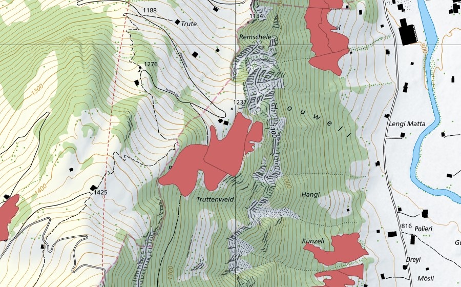 Carte nationale swisstopo avec le périmètre protégé de Louweli (Prairie sèche)