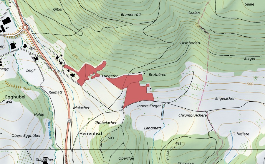 Carte nationale swisstopo avec le périmètre protégé de Luegeten (Prairie sèche)