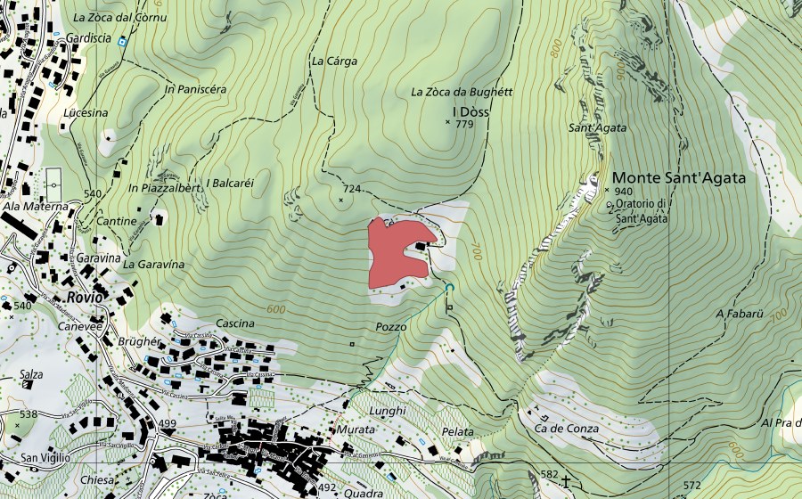 swisstopo national map showing the protected perimeter of Lunghi (Dry meadow)