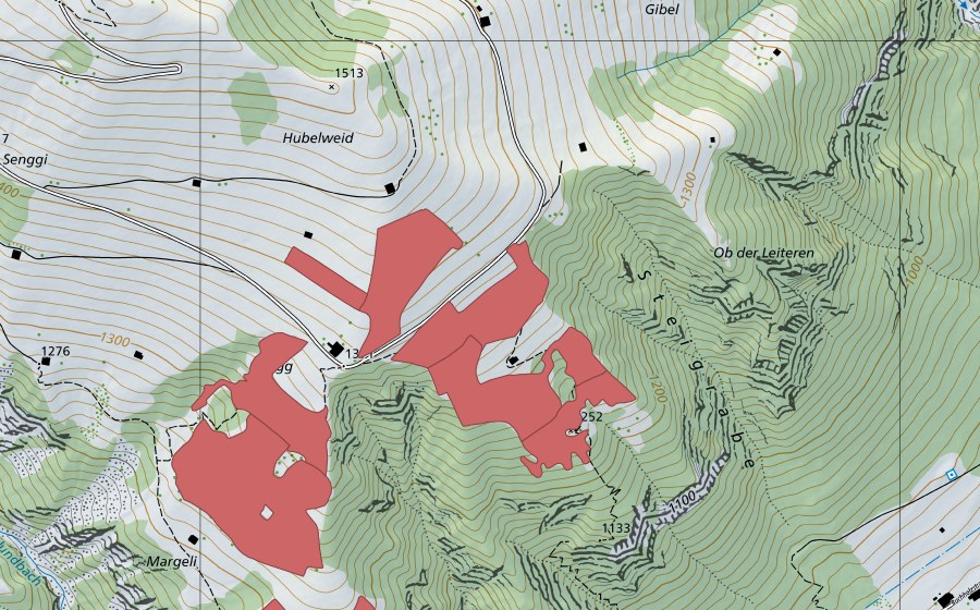 swisstopo national map showing the protected perimeter of Lusbüel (Dry meadow)