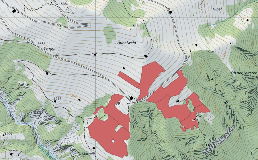 swisstopo national map showing the protected perimeter of Lusbüel (Dry meadow)