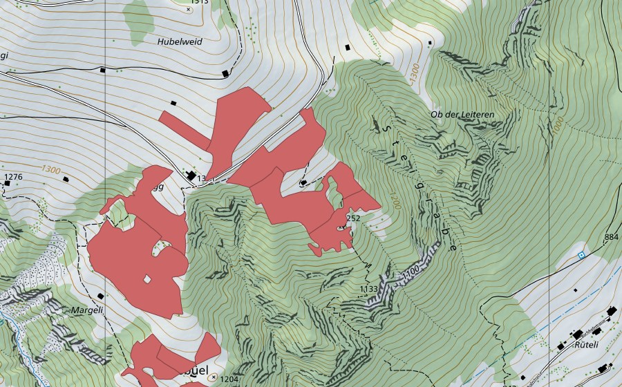 Landeskarte swisstopo mit dem Schutzperimeter von Lusbüel (Trockenwiese)