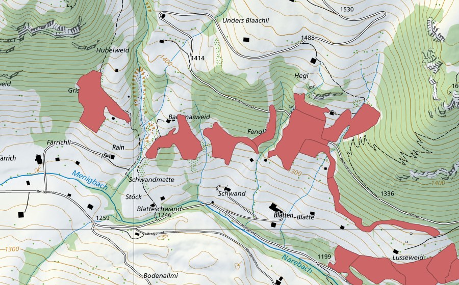 Carte nationale swisstopo avec le périmètre protégé de Lusseweid (Prairie sèche)