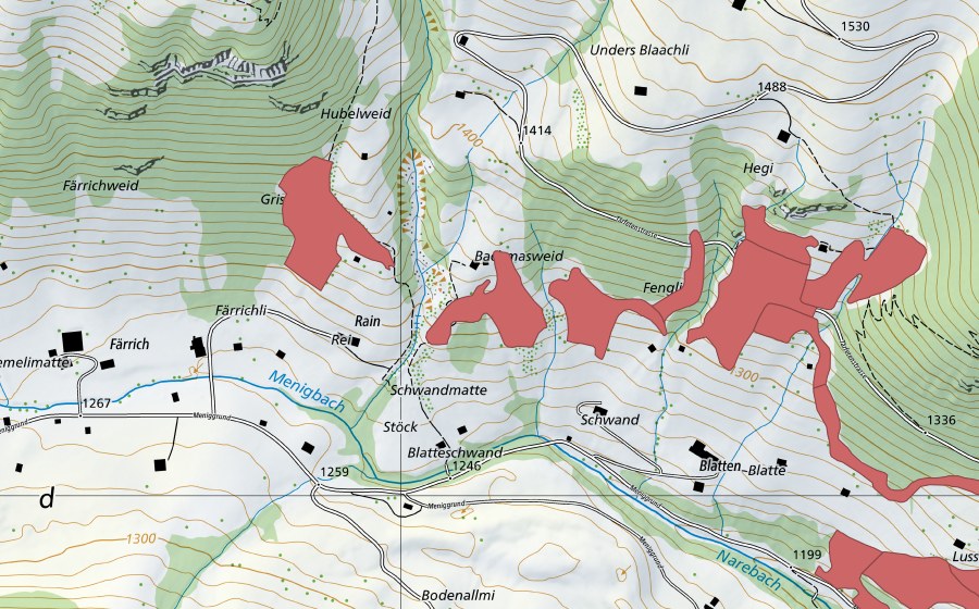 Carte nationale swisstopo avec le périmètre protégé de Lusseweid (Prairie sèche)
