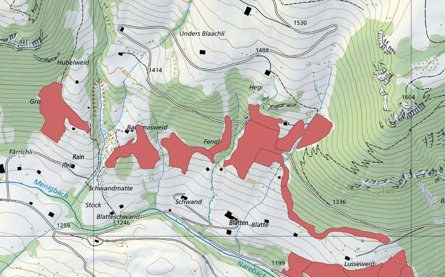 Carte nationale swisstopo avec le périmètre protégé de Lusseweid (Prairie sèche)