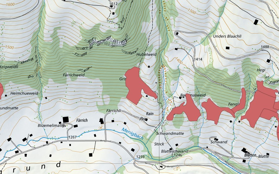 Carte nationale swisstopo avec le périmètre protégé de Lusseweid (Prairie sèche)