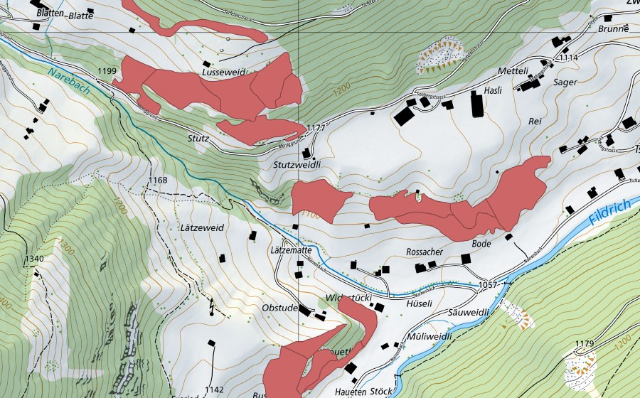 Carte nationale swisstopo avec le périmètre protégé de Lusseweid (Prairie sèche)