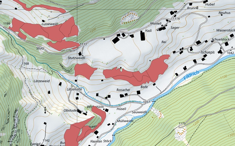 Carte nationale swisstopo avec le périmètre protégé de Lusseweid (Prairie sèche)