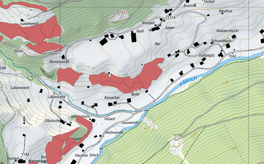 Landeskarte swisstopo mit dem Schutzperimeter von Lusseweid (Trockenwiese)