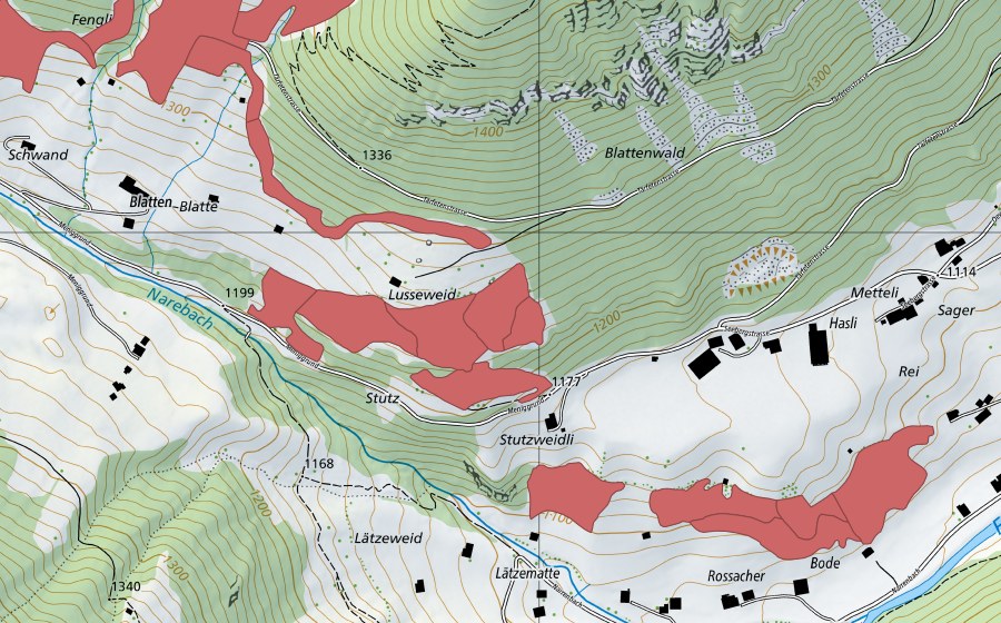 Carte nationale swisstopo avec le périmètre protégé de Lusseweid (Prairie sèche)