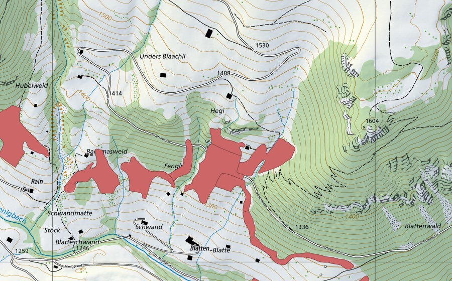 Carte nationale swisstopo avec le périmètre protégé de Lusseweid (Prairie sèche)