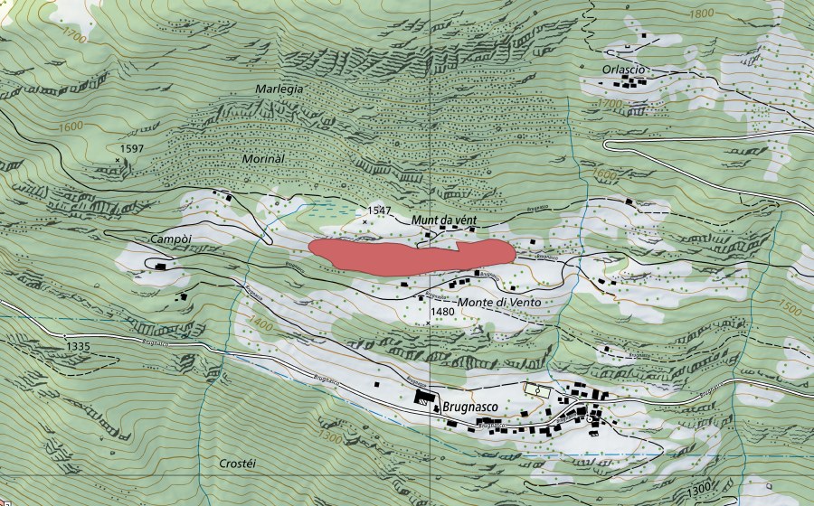 swisstopo national map showing the protected perimeter of M. di Vento (Dry meadow)